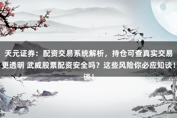 天元证券：配资交易系统解析，持仓可查真实交易更透明 武威股票配资安全吗？这些风险你必应知谈！