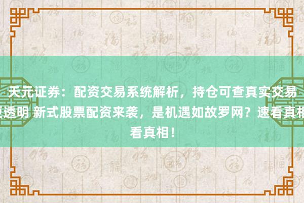 天元证券：配资交易系统解析，持仓可查真实交易更透明 新式股票配资来袭，是机遇如故罗网？速看真相！