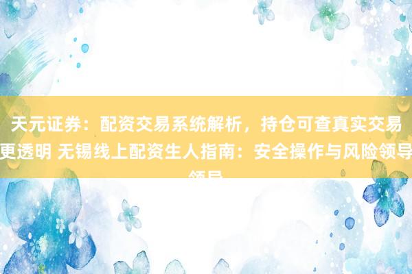 天元证券：配资交易系统解析，持仓可查真实交易更透明 无锡线上配资生人指南：安全操作与风险领导