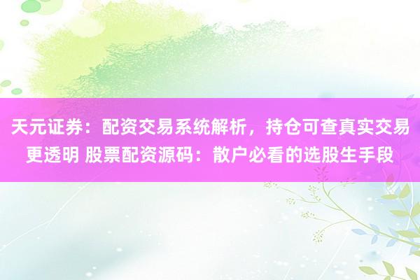 天元证券：配资交易系统解析，持仓可查真实交易更透明 股票配资源码：散户必看的选股生手段