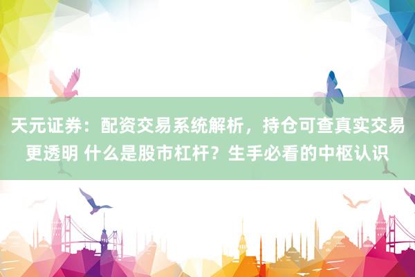 天元证券：配资交易系统解析，持仓可查真实交易更透明 什么是股市杠杆？生手必看的中枢认识